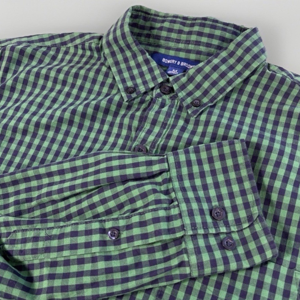 Bowery & Broome Button Down‎ Shirt Mens Medium Green Gingham Long Sleeve Cotton